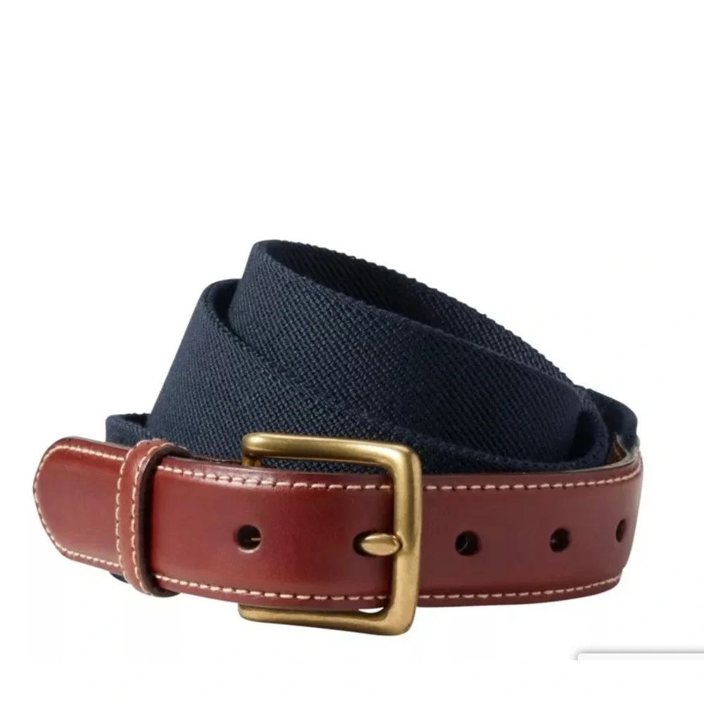 LL Bean Men Navy Blue Webbing Leather Belt Brass Buckle Sz 34 Classic Hertiage